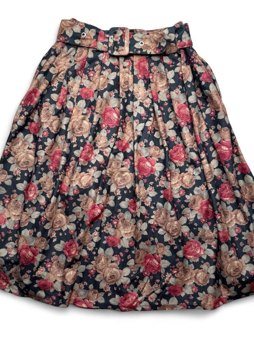 Vintage Lace Floral Pleated Midi Skirt Belted Roses